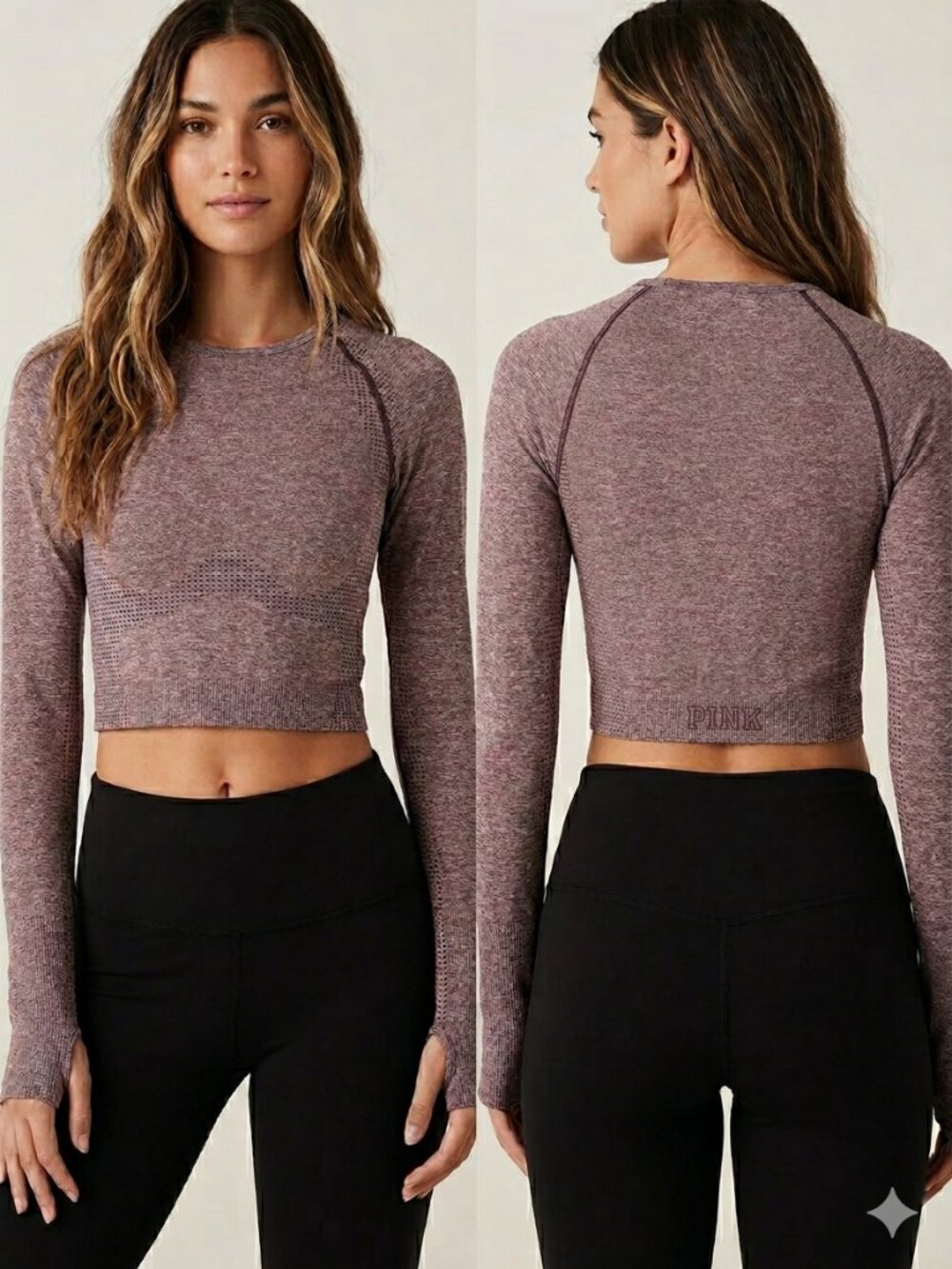 Victoria's Secret PINK Seamless Long Sleeve Crop Top Maroon Heather XS Thumbhole